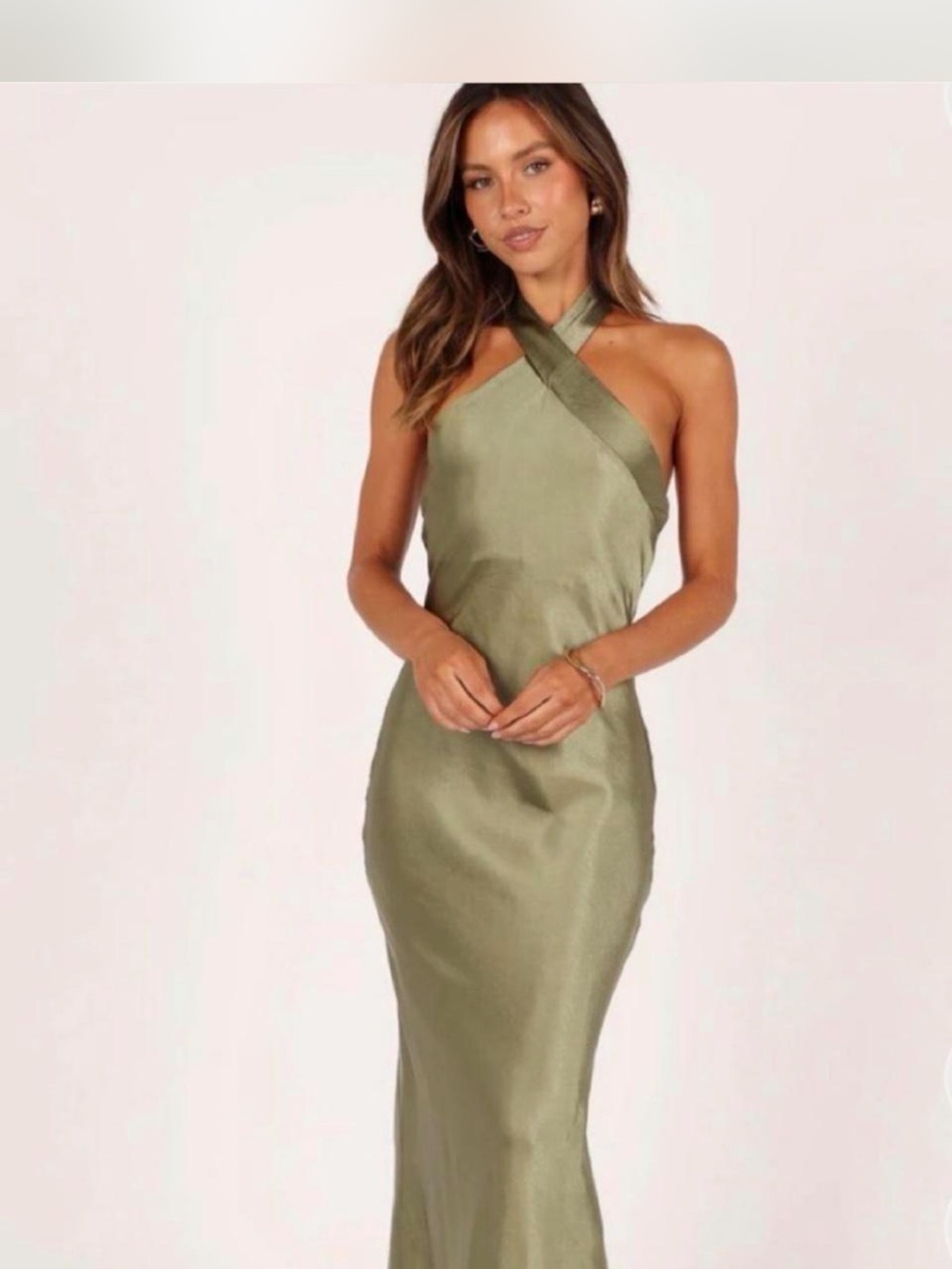 Petal & Pup Olive Green One-Shoulder Satin Maxi Dress